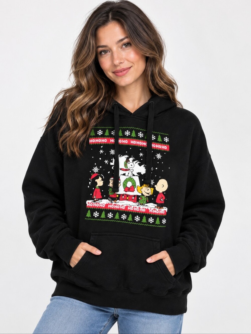 Peanuts Christmas Hoodie Snoopy Charlie Brown Holiday Sweatshirt Black L